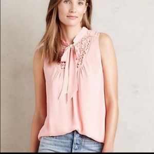 Anthro Maeve Coral Laser Cut Tank Top With Tie Neck EUC